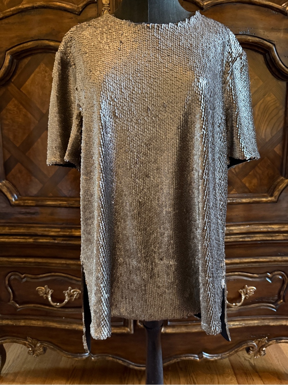Prabal Gurung NY Silver sequined Metallic Short-Sleeve Top